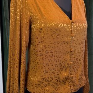Ann Taylor Mustard Button-Front Leopard Jacquard Blouse